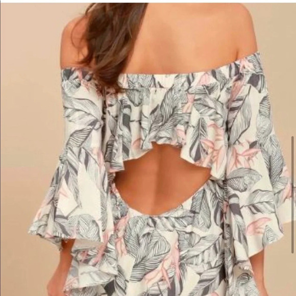 Lulus Sun-Drenched Daydream Beige Floral Print Off-the-Shoulder Dress Size XS - Picture 2 of 9